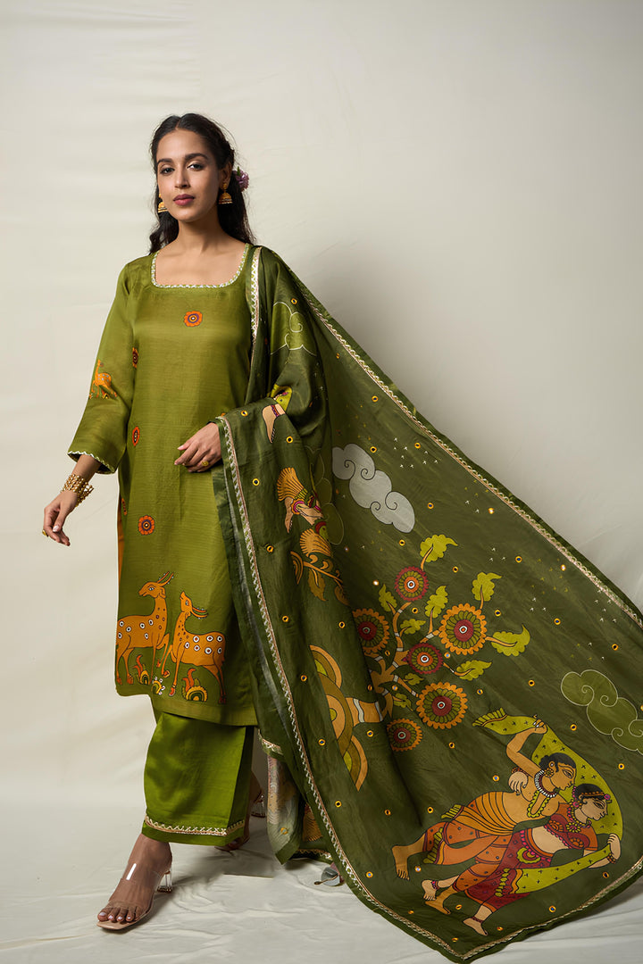 VANA MRIGA GREEN KURTA + PALAZZO + DUPATTA (SET OF 3) | SHOBITAM