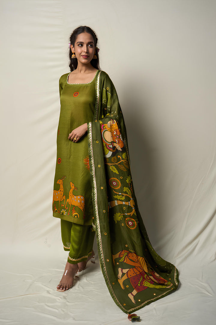 VANA MRIGA GREEN KURTA + PALAZZO + DUPATTA (SET OF 3) | SHOBITAM