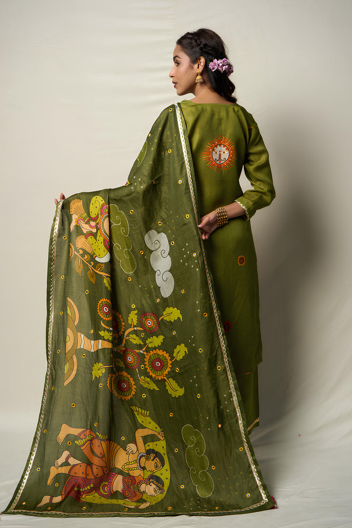 VANA MRIGA GREEN KURTA + PALAZZO + DUPATTA (SET OF 3) | SHOBITAM