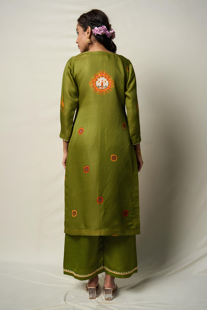 VANA MRIGA GREEN KURTA + PALAZZO + DUPATTA (SET OF 3) | SHOBITAM