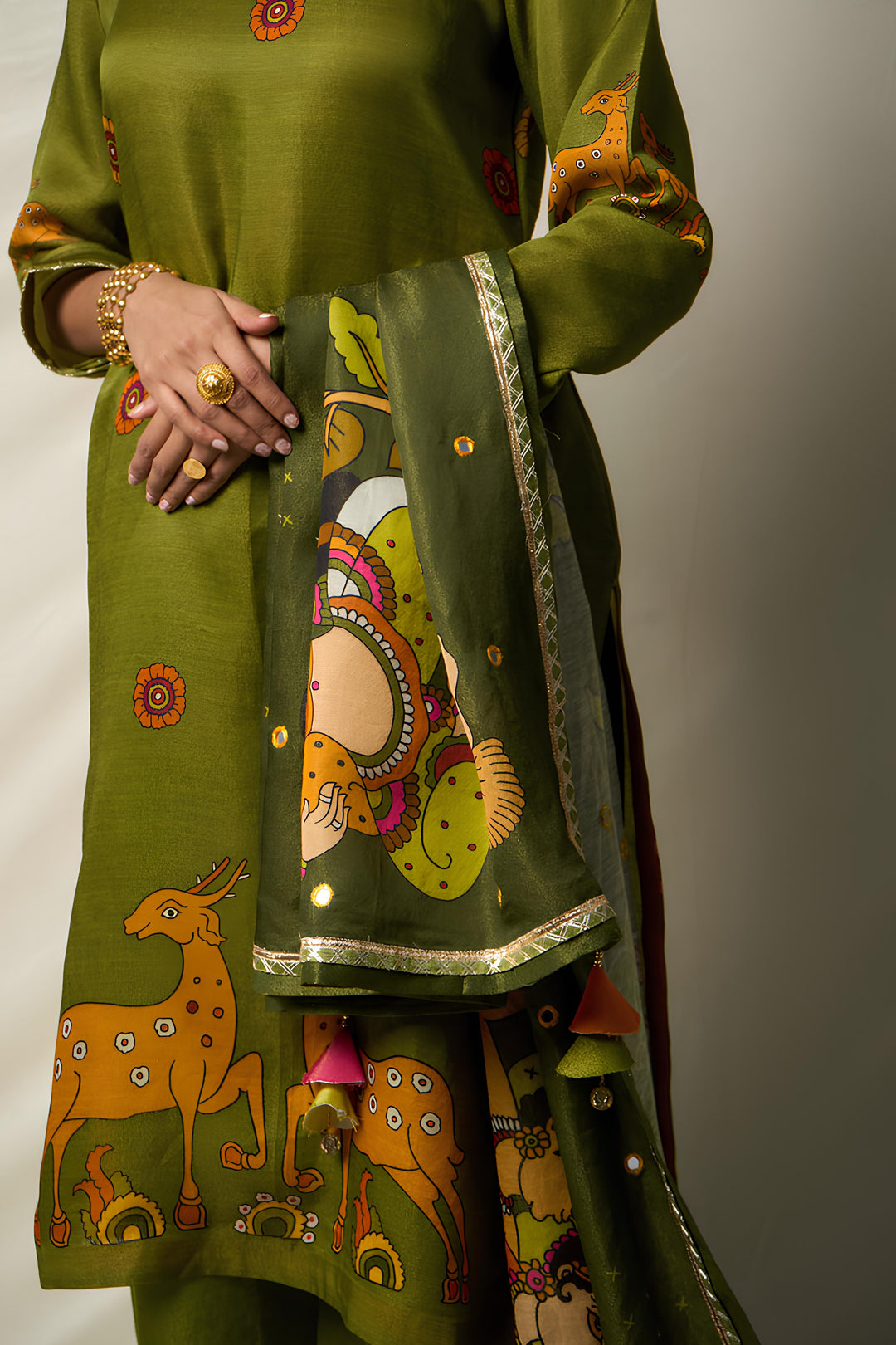 VANA MRIGA GREEN KURTA + PALAZZO + DUPATTA (SET OF 3) | SHOBITAM