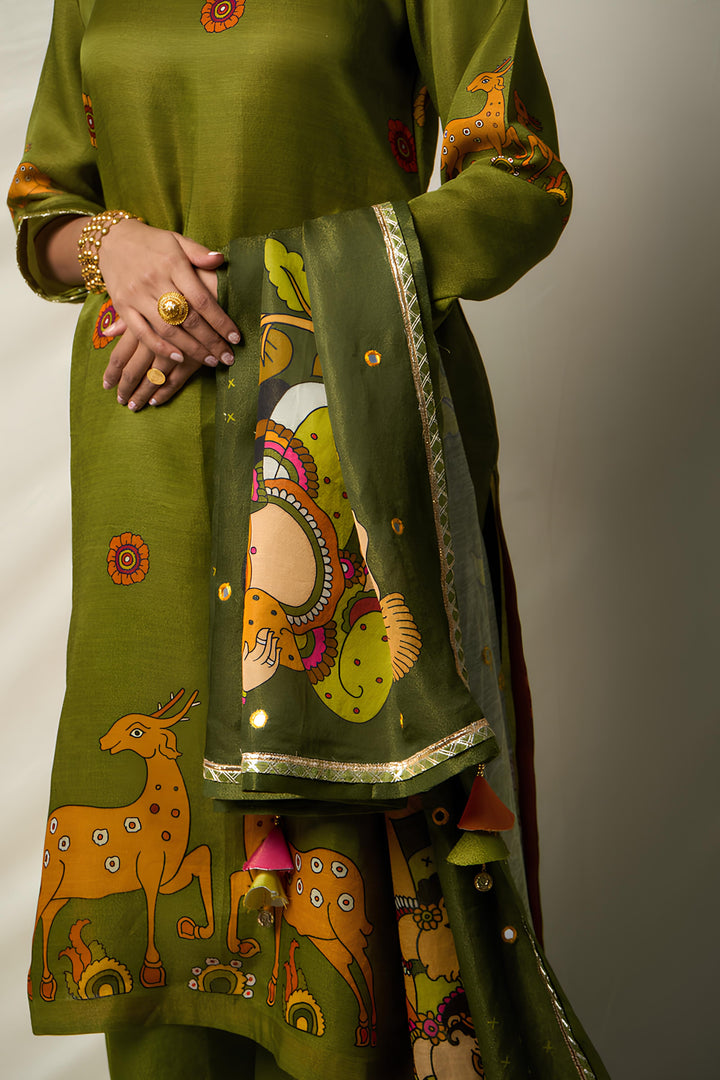 VANA MRIGA GREEN KURTA + PALAZZO + DUPATTA (SET OF 3) | SHOBITAM