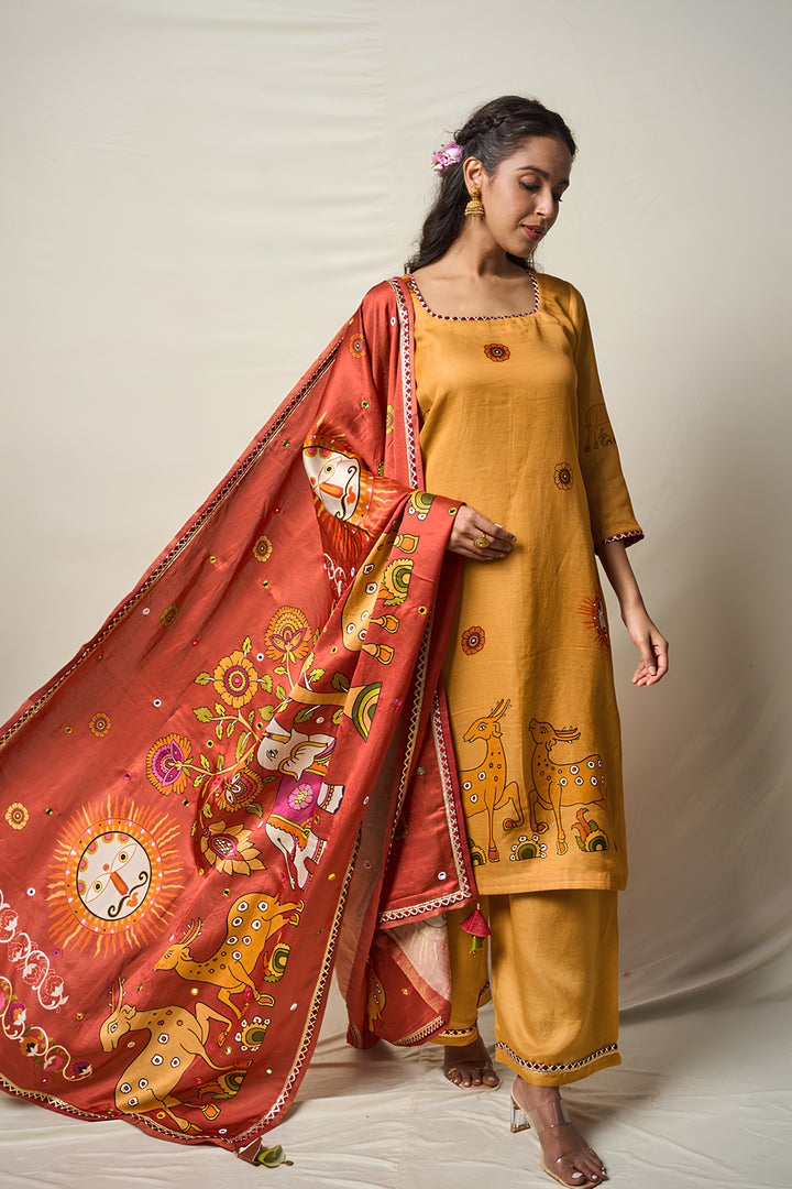 VANA MRIGA YELLOW KURTA + PALAZZO + DUPATTA SET (SET OF 3) | SHOBITAM