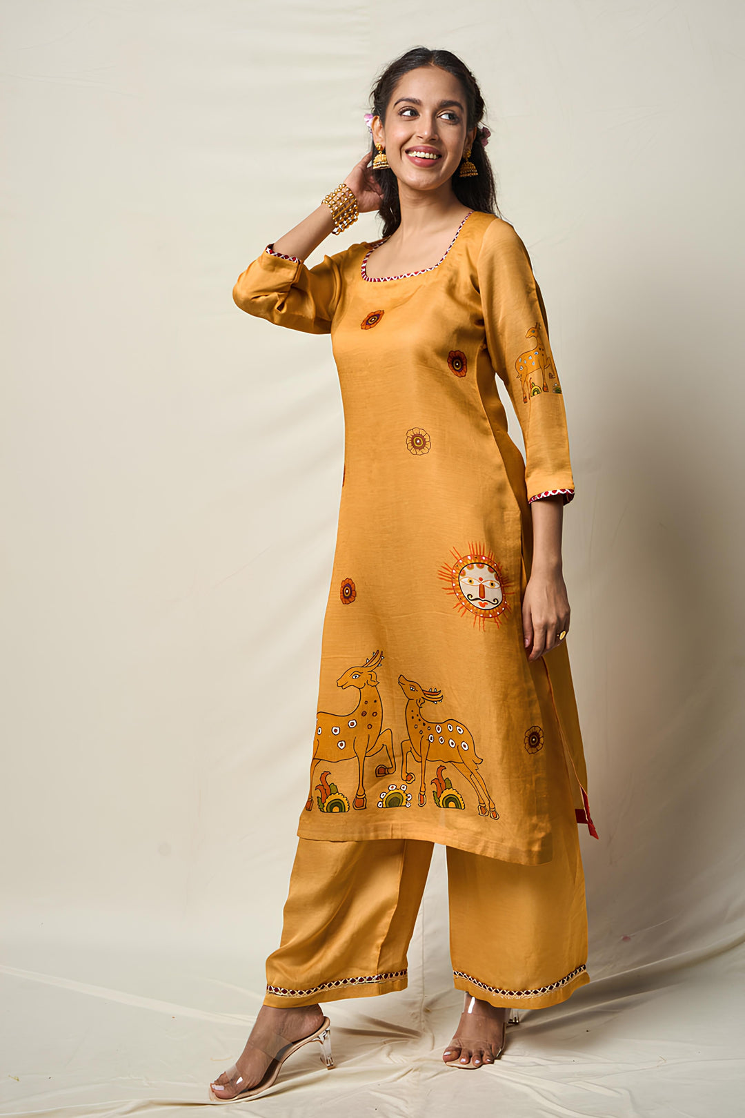 VANA MRIGA YELLOW KURTA + PALAZZO + DUPATTA SET (SET OF 3) | SHOBITAM