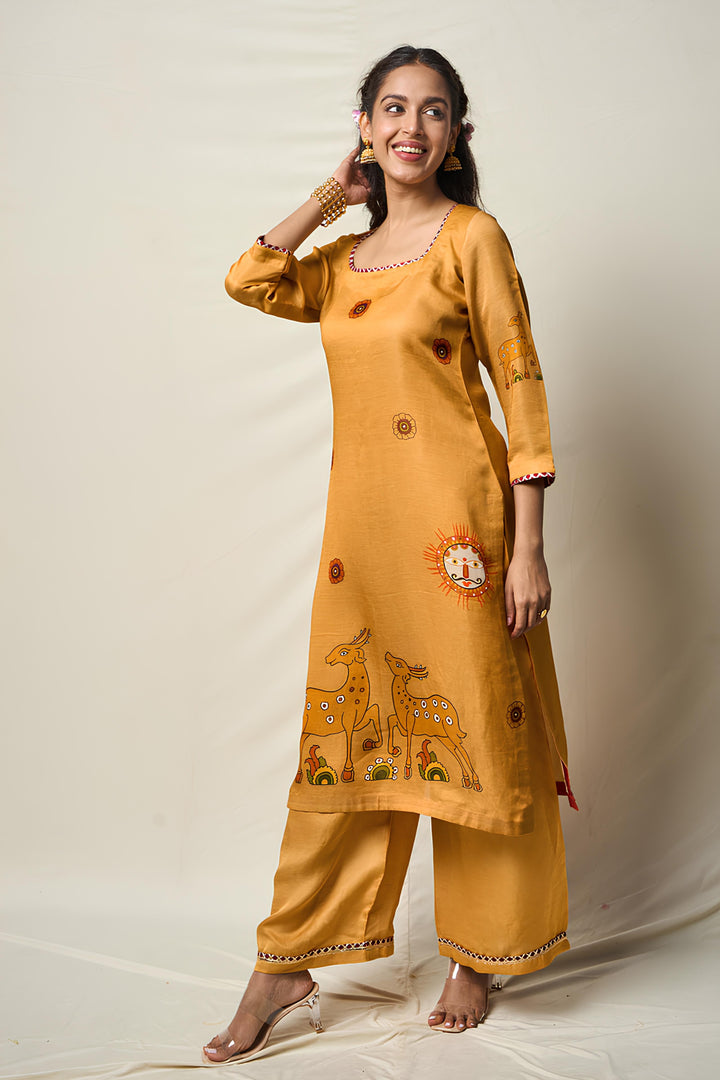 VANA MRIGA YELLOW KURTA + PALAZZO + DUPATTA SET (SET OF 3) | SHOBITAM