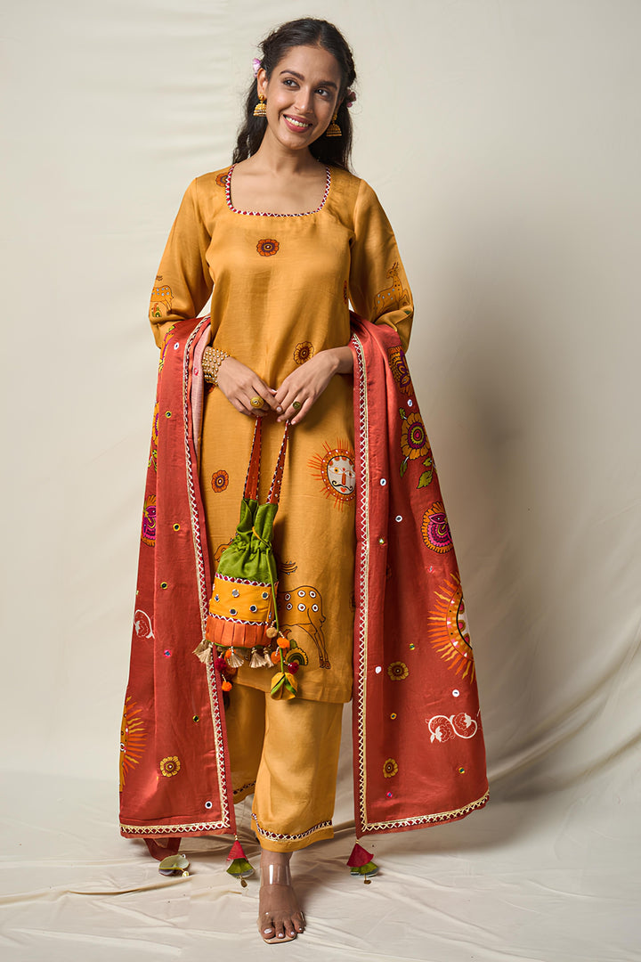VANA MRIGA YELLOW KURTA + PALAZZO + DUPATTA SET (SET OF 3) | SHOBITAM