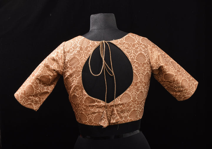 Elegant Antique Gold Floral Brocade Banarasi blouse with leaf and matka neck, Made to Order