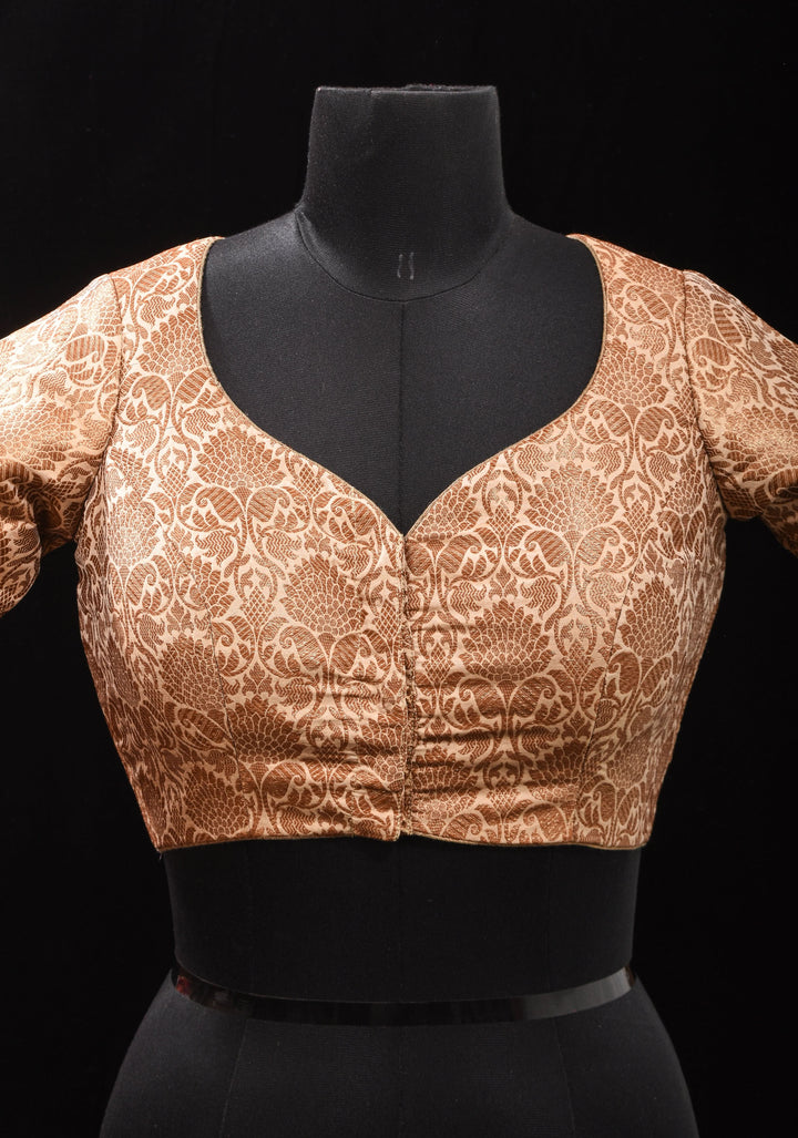 Elegant Antique Gold Floral Brocade Banarasi blouse with leaf and matka neck, Made to Order