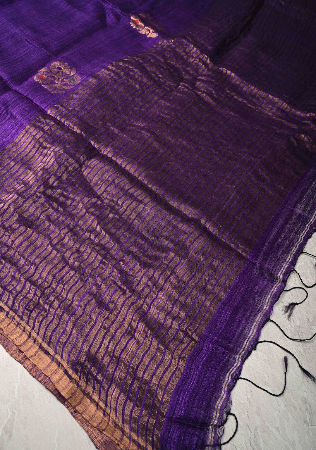 Purple Geecha Tussar Silk Saree with  Jamdani Meenakari Weaving and Minimal Zari Border | SILK MARK CERTIFIED