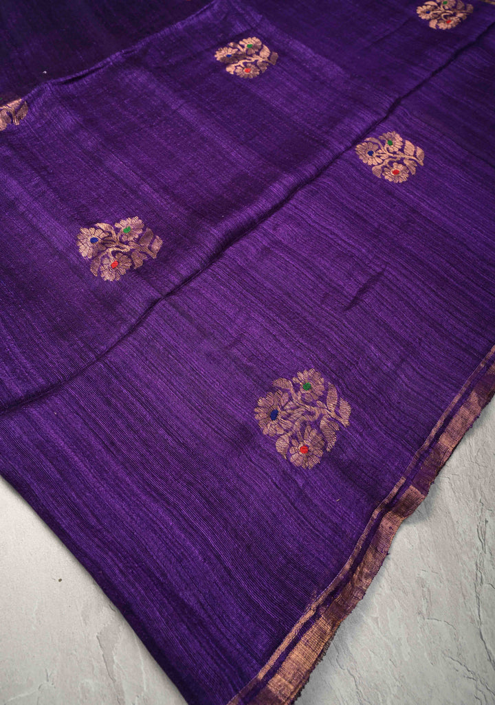Purple Geecha Tussar Silk Saree with  Jamdani Meenakari Weaving and Minimal Zari Border | SILK MARK CERTIFIED