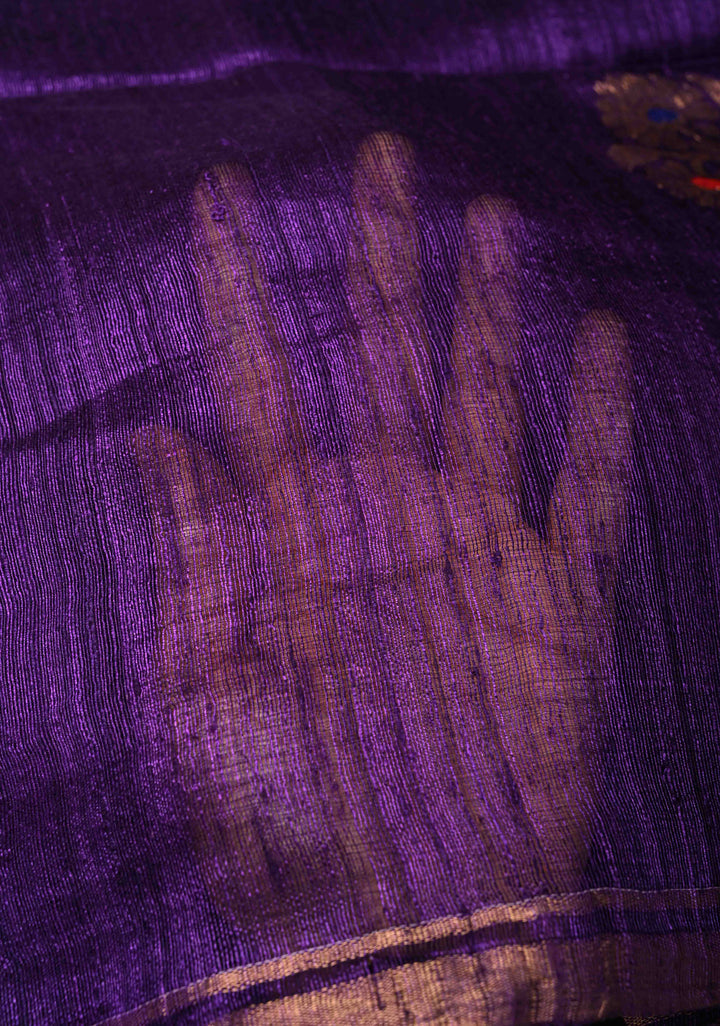 Purple Geecha Tussar Silk Saree with  Jamdani Meenakari Weaving and Minimal Zari Border | SILK MARK CERTIFIED