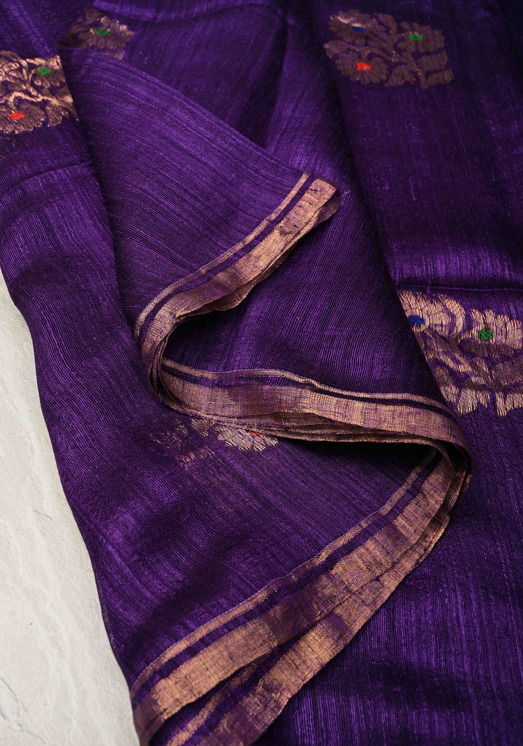 Purple Geecha Tussar Silk Saree with  Jamdani Meenakari Weaving and Minimal Zari Border | SILK MARK CERTIFIED
