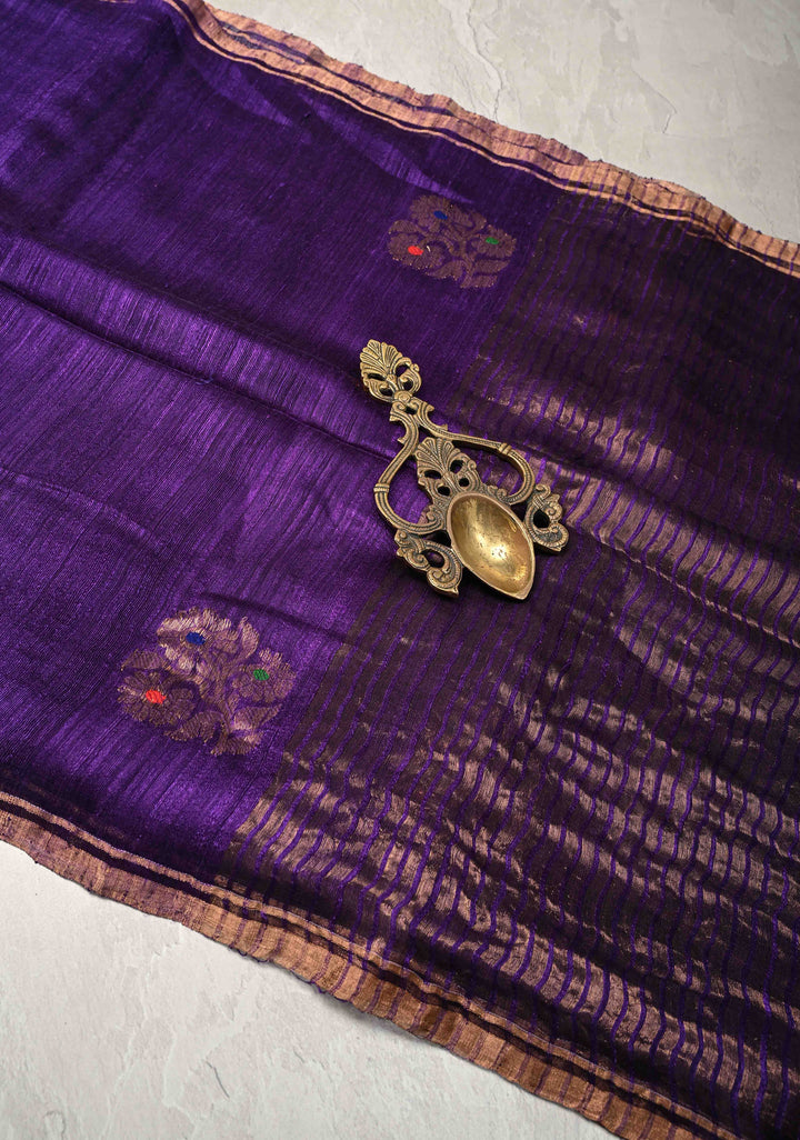 Purple Geecha Tussar Silk Saree with  Jamdani Meenakari Weaving and Minimal Zari Border | SILK MARK CERTIFIED