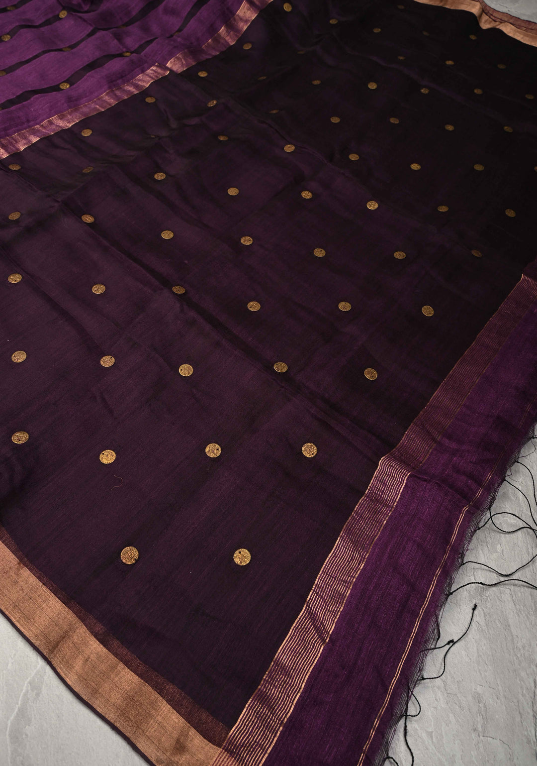 Wine Matka Muslin Silk with Coin Interweave on the Muslin Stripes of the Saree and Minimal Zari Border | SILK MARK CERTIFIED