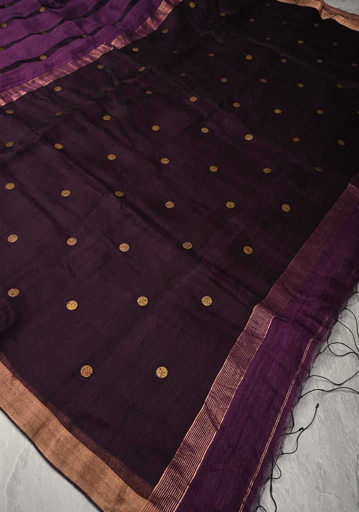 Wine Matka Muslin Silk with Coin Interweave on the Muslin Stripes of the Saree and Minimal Zari Border | SILK MARK CERTIFIED