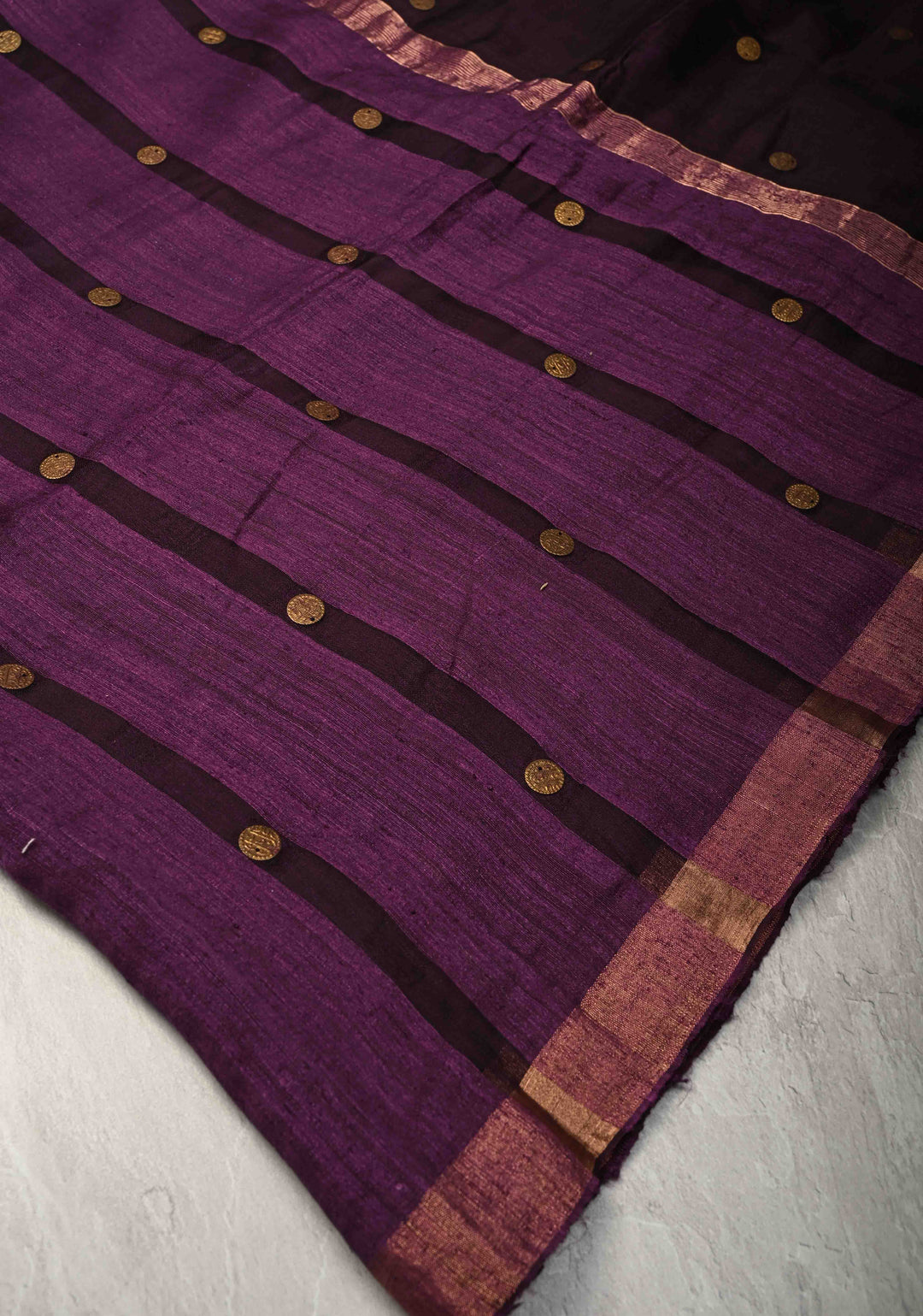Wine Matka Muslin Silk with Coin Interweave on the Muslin Stripes of the Saree and Minimal Zari Border | SILK MARK CERTIFIED