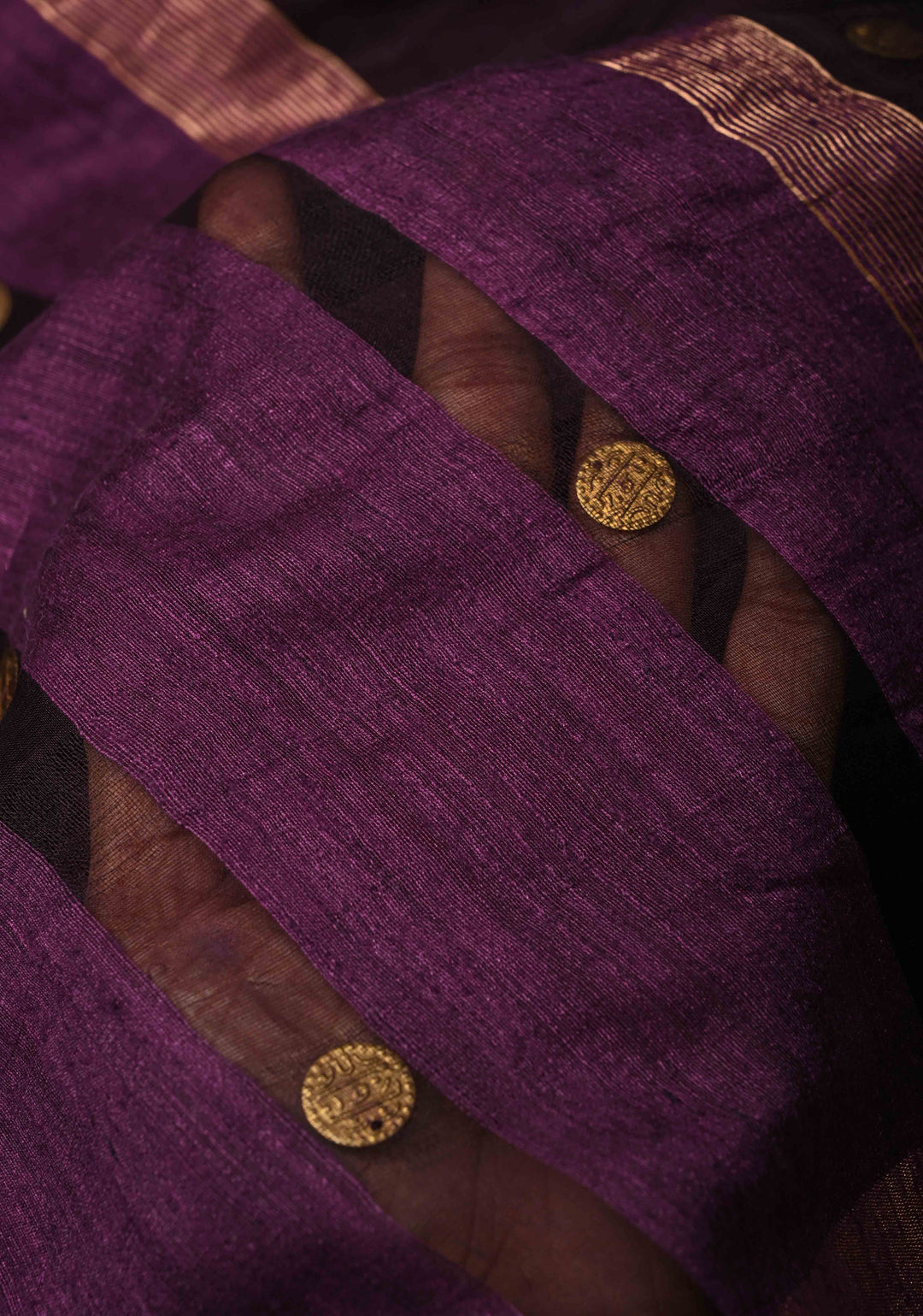 Wine Matka Muslin Silk with Coin Interweave on the Muslin Stripes of the Saree and Minimal Zari Border | SILK MARK CERTIFIED