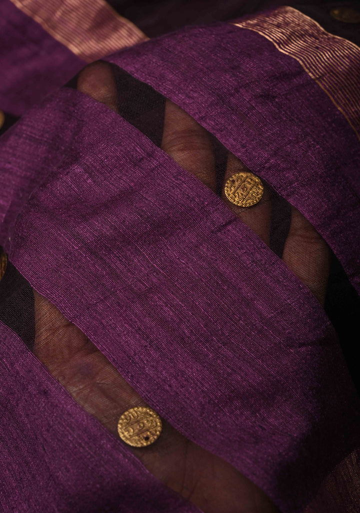 Wine Matka Muslin Silk with Coin Interweave on the Muslin Stripes of the Saree and Minimal Zari Border | SILK MARK CERTIFIED