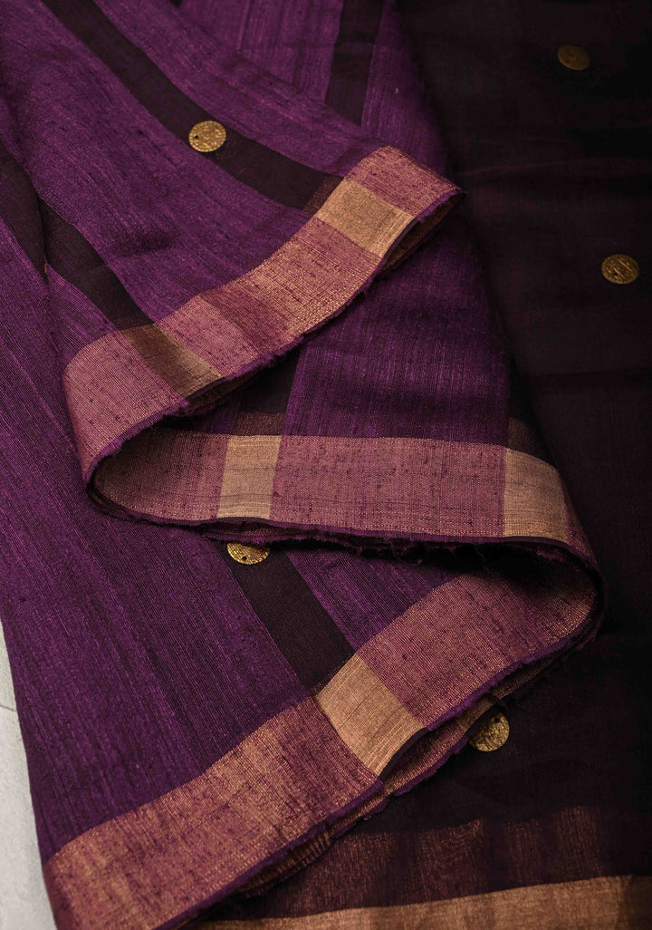 Wine Matka Muslin Silk with Coin Interweave on the Muslin Stripes of the Saree and Minimal Zari Border | SILK MARK CERTIFIED