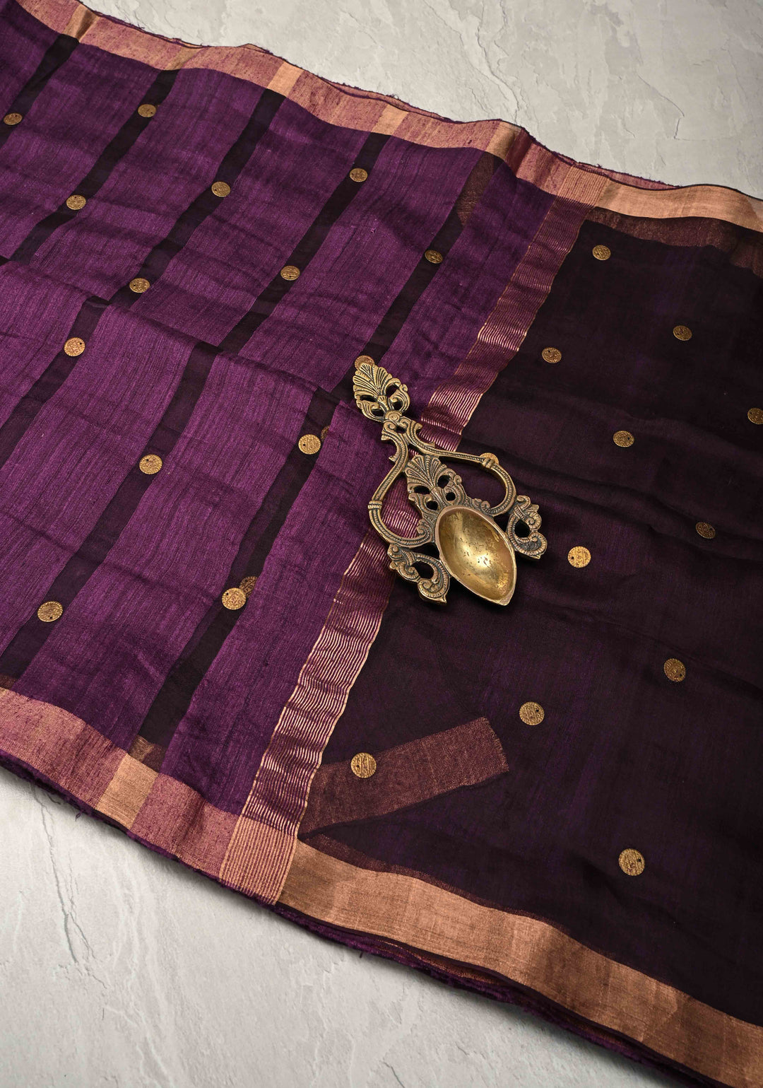 Wine Matka Muslin Silk with Coin Interweave on the Muslin Stripes of the Saree and Minimal Zari Border | SILK MARK CERTIFIED