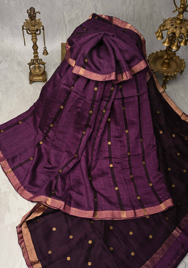 Wine Matka Muslin Silk with Coin Interweave on the Muslin Stripes of the Saree and Minimal Zari Border | SILK MARK CERTIFIED