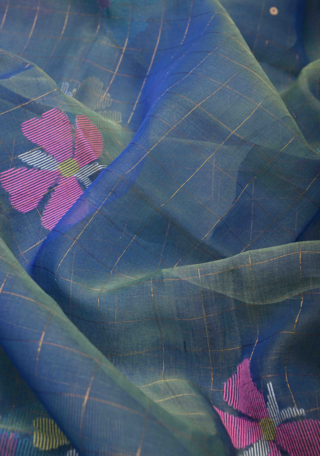 Blue Dual tone Jamdani Weaving on Silk Muslin Saree with Pocket Sequins and Paithani Style Pallu | SILK MARK CERTIFIED