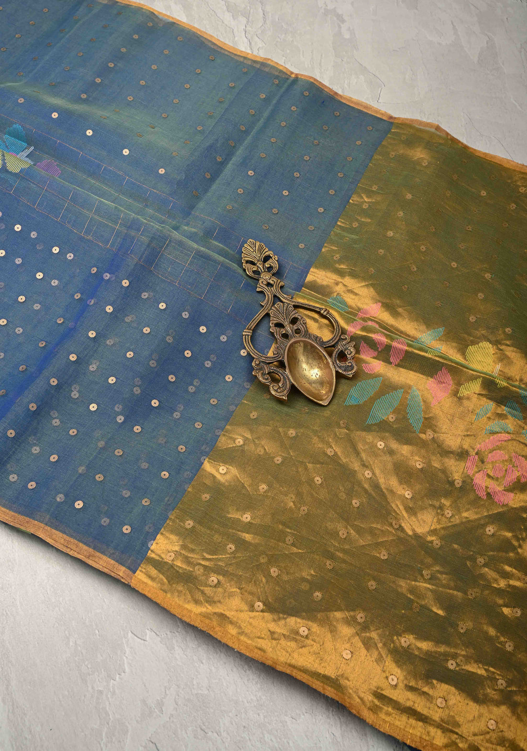 Blue Dual tone Jamdani Weaving on Silk Muslin Saree with Pocket Sequins and Paithani Style Pallu | SILK MARK CERTIFIED