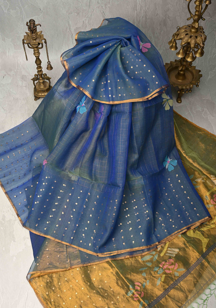 Blue Dual tone Jamdani Weaving on Silk Muslin Saree with Pocket Sequins and Paithani Style Pallu | SILK MARK CERTIFIED