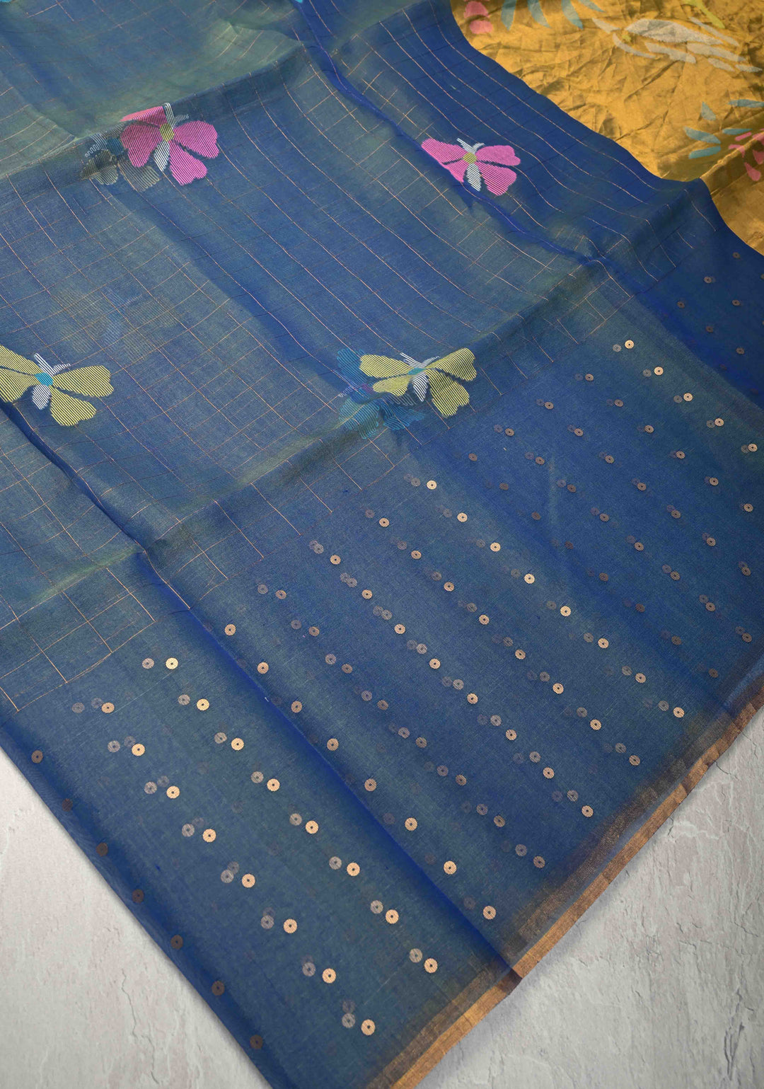 Blue Dual tone Jamdani Weaving on Silk Muslin Saree with Pocket Sequins and Paithani Style Pallu | SILK MARK CERTIFIED