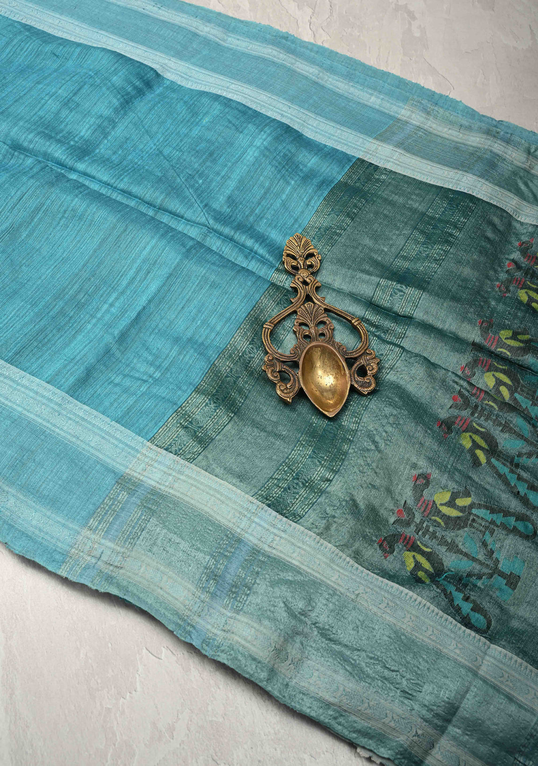 Turquoise Geecha Tussar Silk Saree with Jamdani Style Parrot Pallu and Stack Border | SILK MARK CERTIFIED