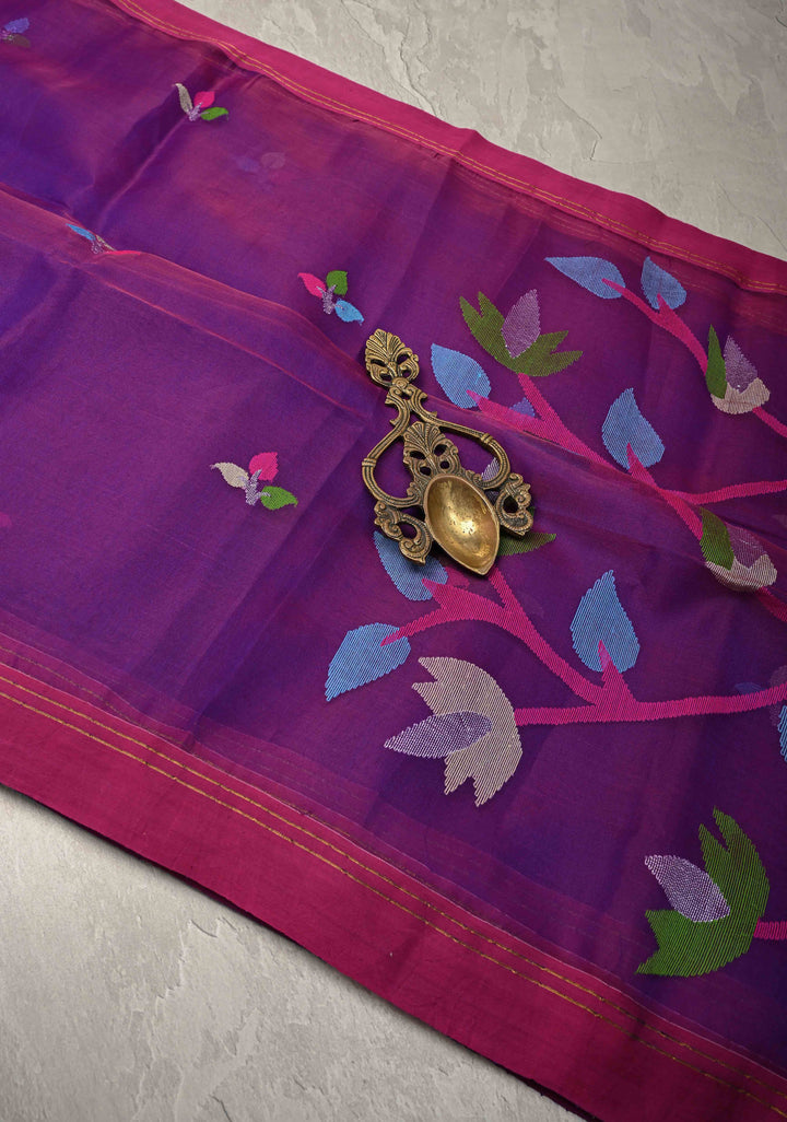 Purple Dual tone Silk Muslin Saree with Resham Jamdani Weaving and Border | SILK MARK CERTIFIED