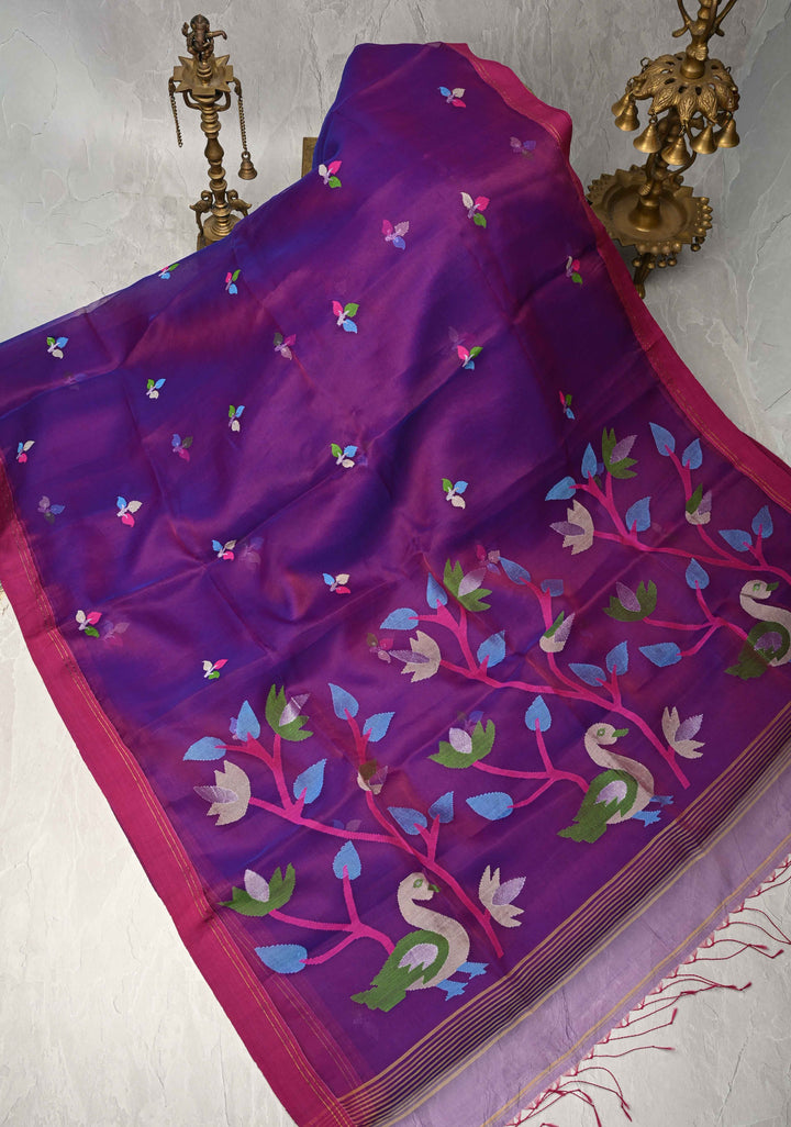 Purple Dual tone Silk Muslin Saree with Resham Jamdani Weaving and Border | SILK MARK CERTIFIED