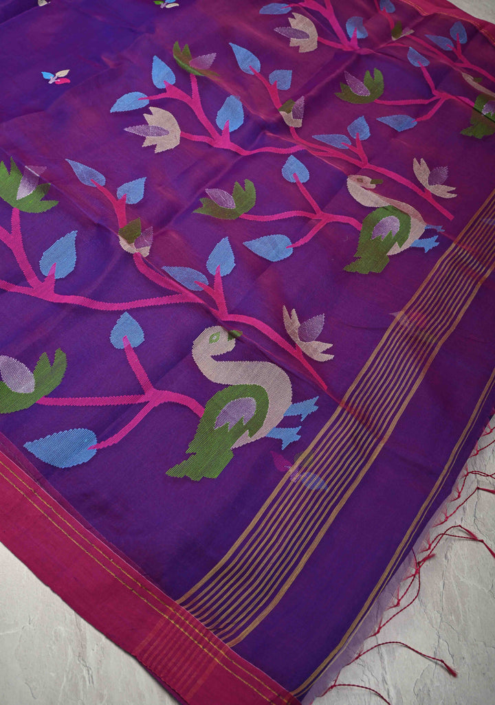 Purple Dual tone Silk Muslin Saree with Resham Jamdani Weaving and Border | SILK MARK CERTIFIED