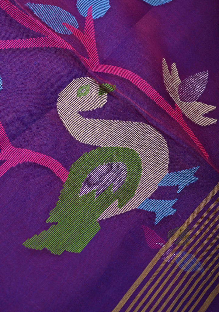 Purple Dual tone Silk Muslin Saree with Resham Jamdani Weaving and Border | SILK MARK CERTIFIED