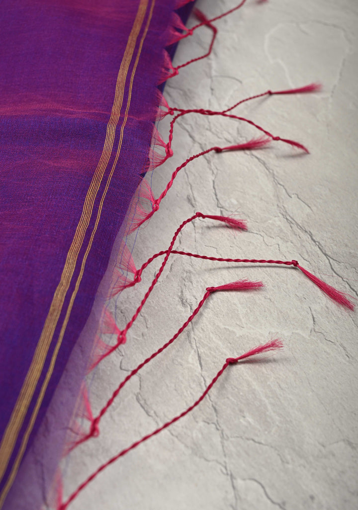 Purple Dual tone Silk Muslin Saree with Resham Jamdani Weaving and Border | SILK MARK CERTIFIED
