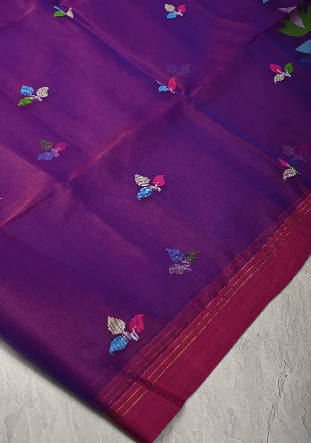 Purple Dual tone Silk Muslin Saree with Resham Jamdani Weaving and Border | SILK MARK CERTIFIED