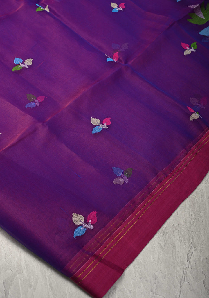 Purple Dual tone Silk Muslin Saree with Resham Jamdani Weaving and Border | SILK MARK CERTIFIED
