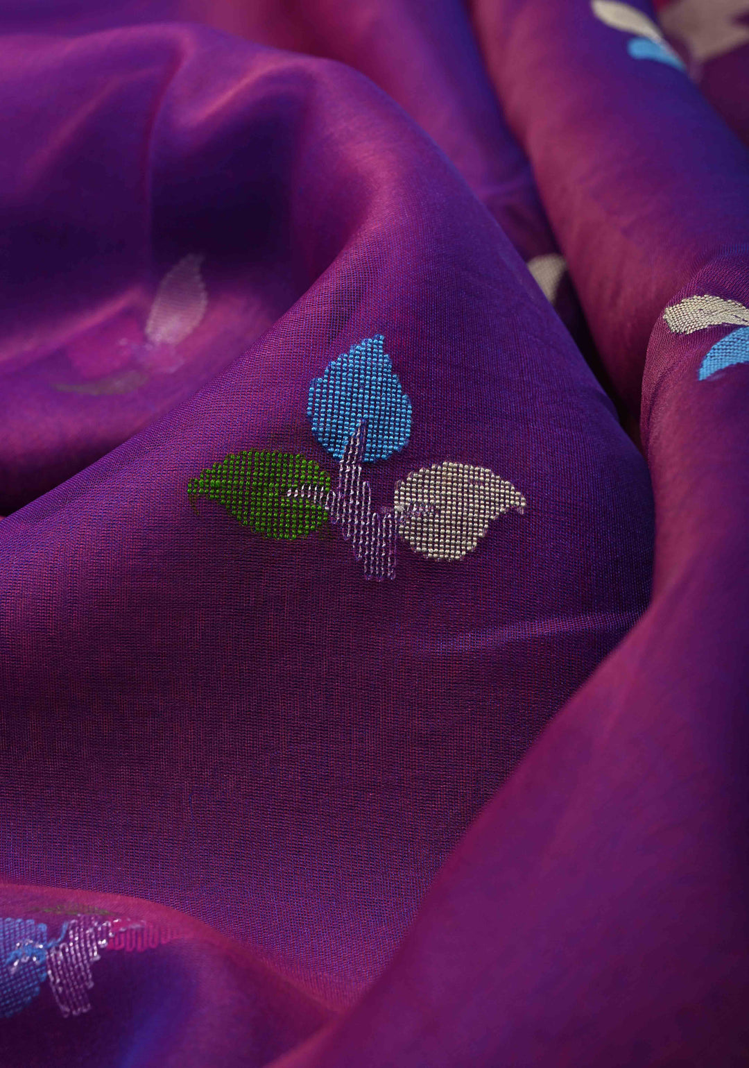Purple Dual tone Silk Muslin Saree with Resham Jamdani Weaving and Border | SILK MARK CERTIFIED