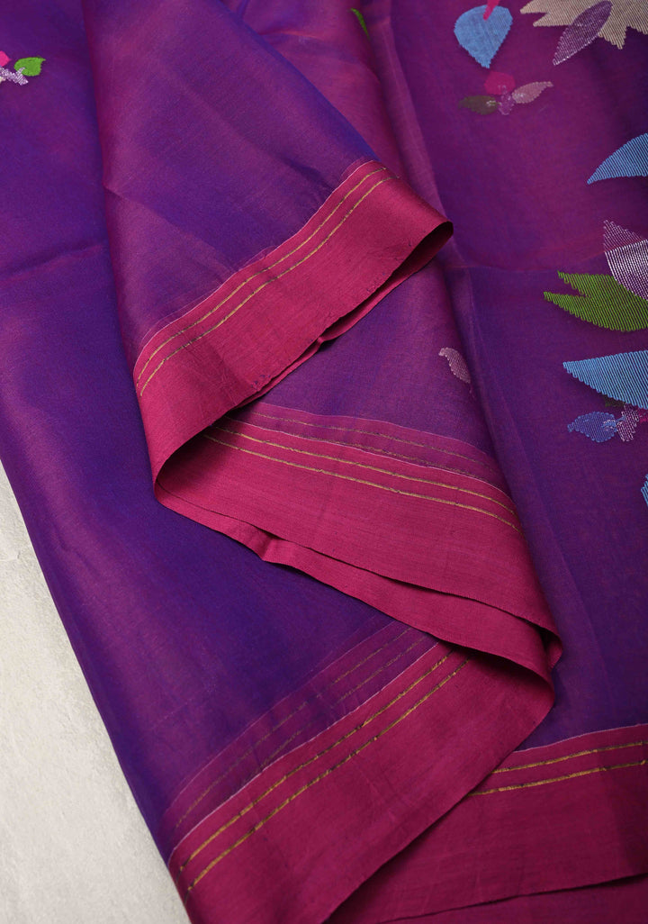 Purple Dual tone Silk Muslin Saree with Resham Jamdani Weaving and Border | SILK MARK CERTIFIED