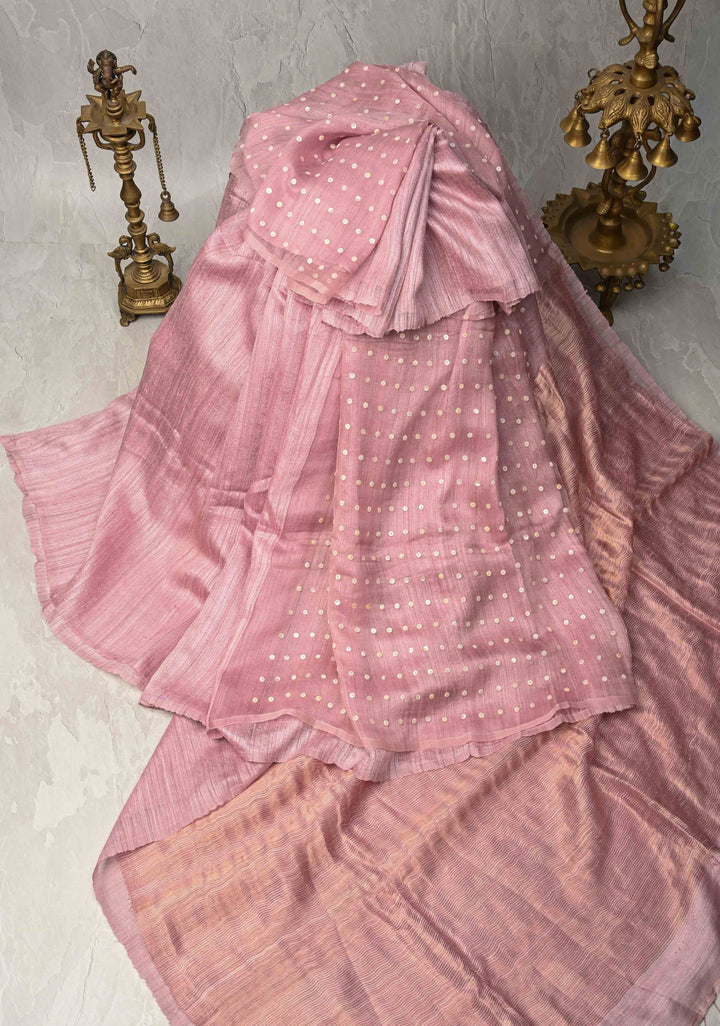 Dusty Rose Half Matka Silk and Muslin with Mother of Pearls weave | SILK MARK CERTIFIED