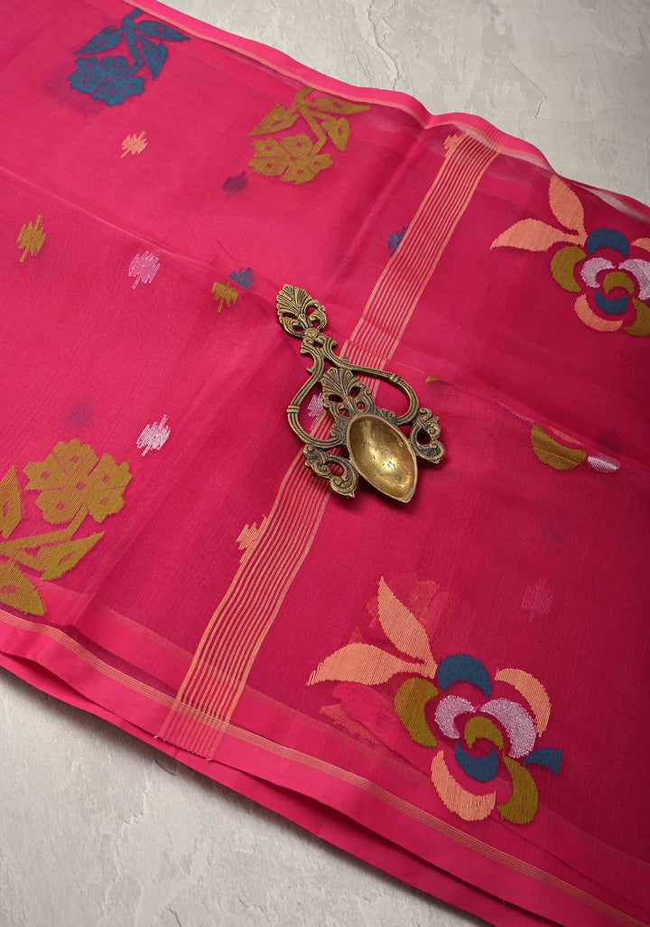 Rani Pink Matka Muslin Silk Saree with Resham Jamdani Weaving and Minimal Border | SILK MARK CERTIFIED