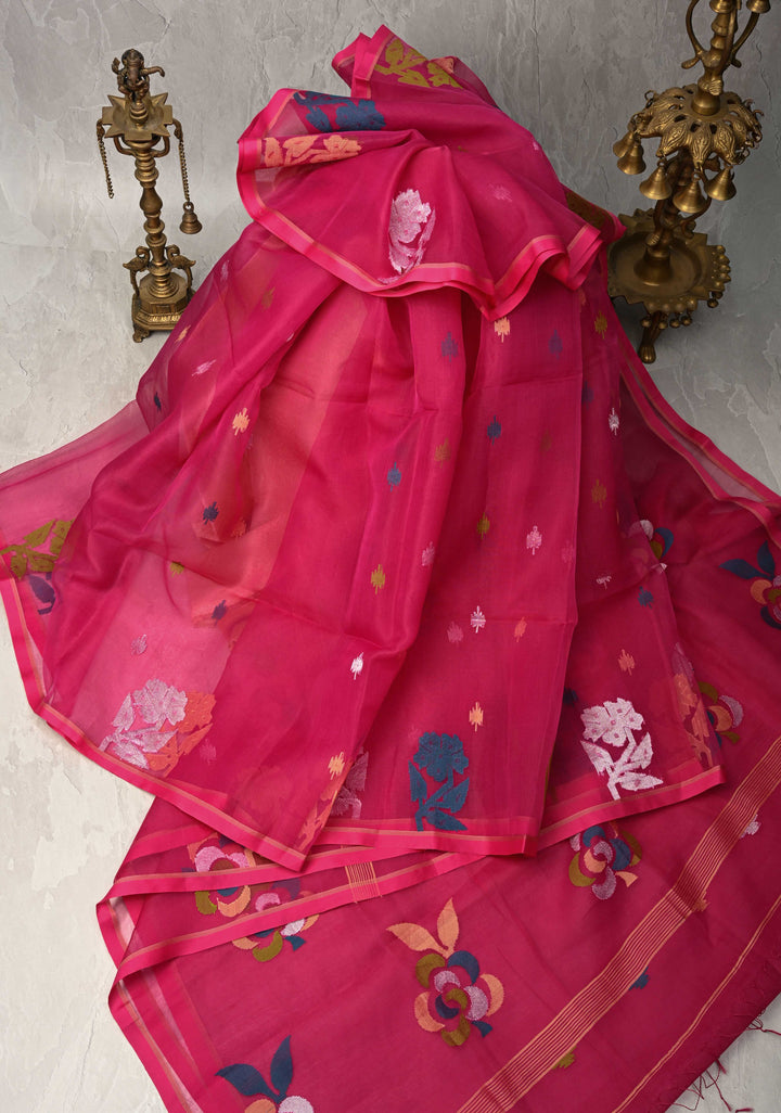 Rani Pink Matka Muslin Silk Saree with Resham Jamdani Weaving and Minimal Border | SILK MARK CERTIFIED