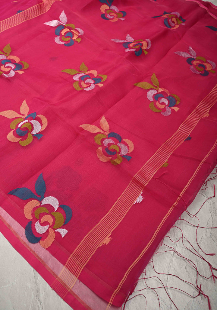 Rani Pink Matka Muslin Silk Saree with Resham Jamdani Weaving and Minimal Border | SILK MARK CERTIFIED
