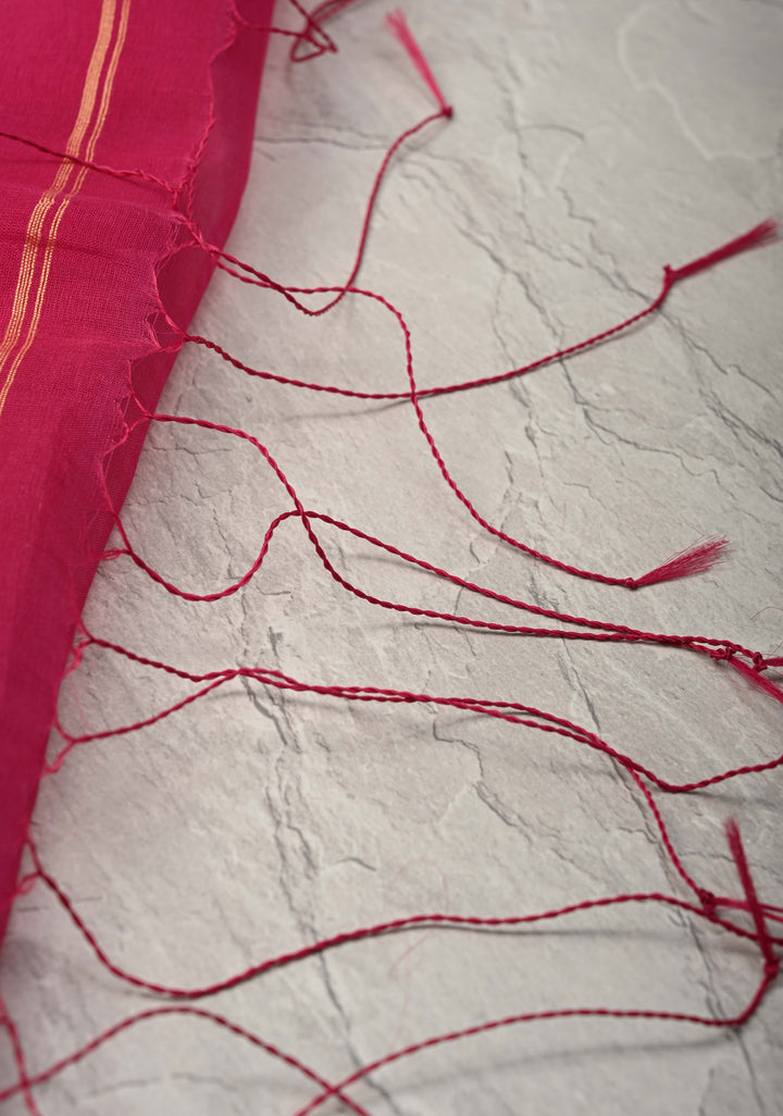 Rani Pink Matka Muslin Silk Saree with Resham Jamdani Weaving and Minimal Border | SILK MARK CERTIFIED