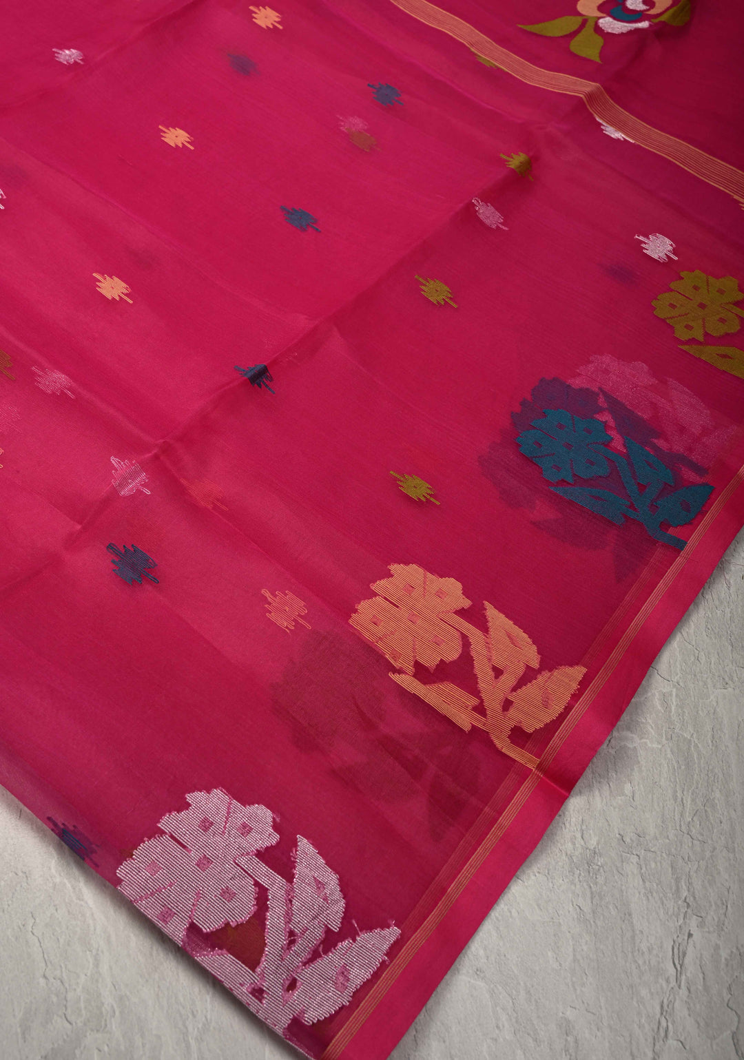 Rani Pink Matka Muslin Silk Saree with Resham Jamdani Weaving and Minimal Border | SILK MARK CERTIFIED