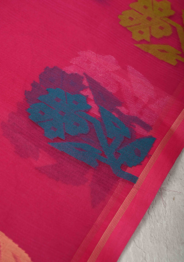 Rani Pink Matka Muslin Silk Saree with Resham Jamdani Weaving and Minimal Border | SILK MARK CERTIFIED