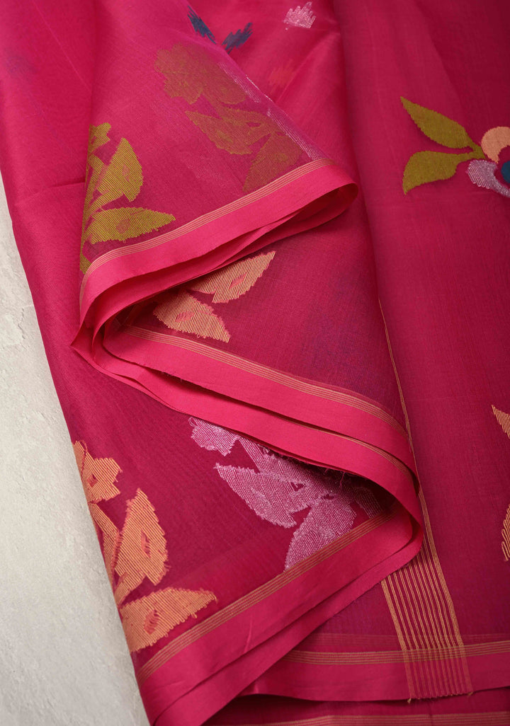 Rani Pink Matka Muslin Silk Saree with Resham Jamdani Weaving and Minimal Border | SILK MARK CERTIFIED