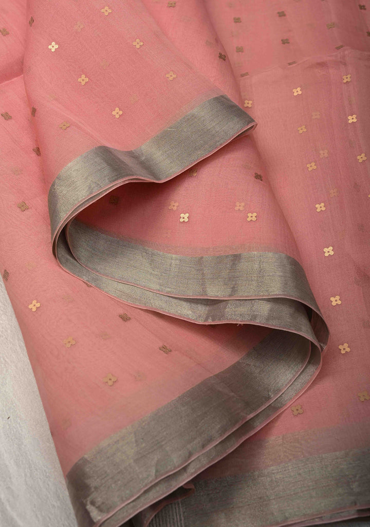 Coral Peach Silk Muslin Silk Saree with Pocket Sequins and Minimal Zari Border | SILK MARK CERTIFIED