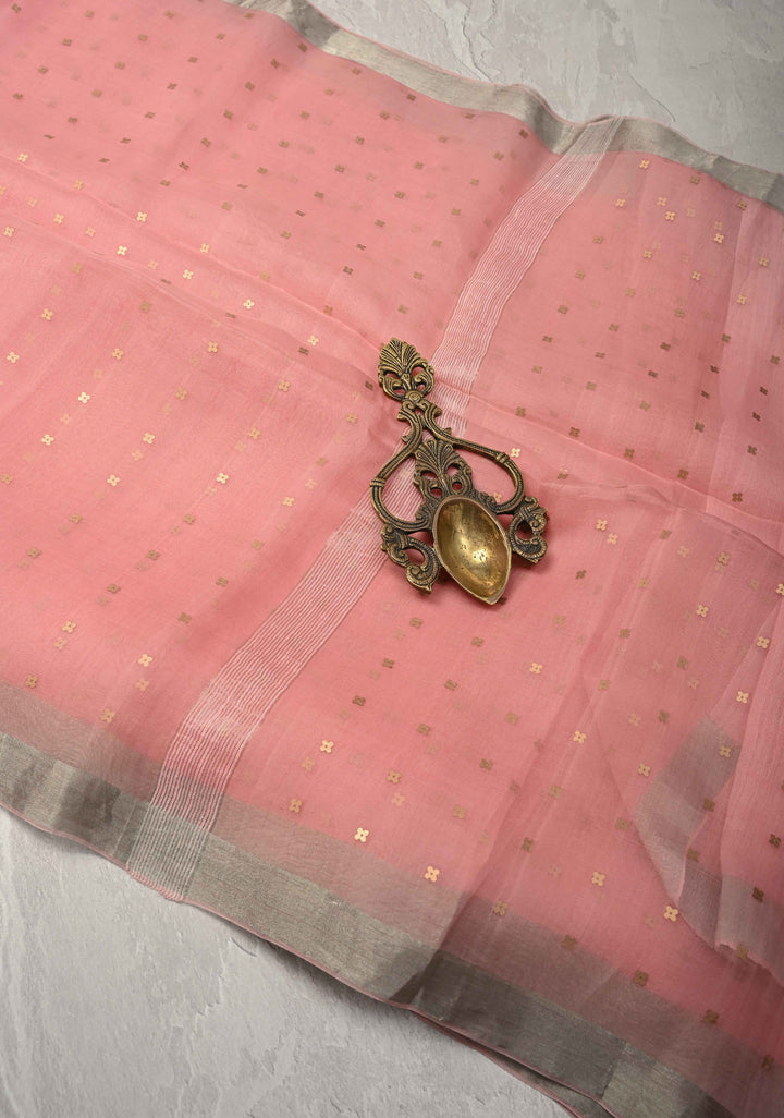 Coral Peach Silk Muslin Silk Saree with Pocket Sequins and Minimal Zari Border | SILK MARK CERTIFIED