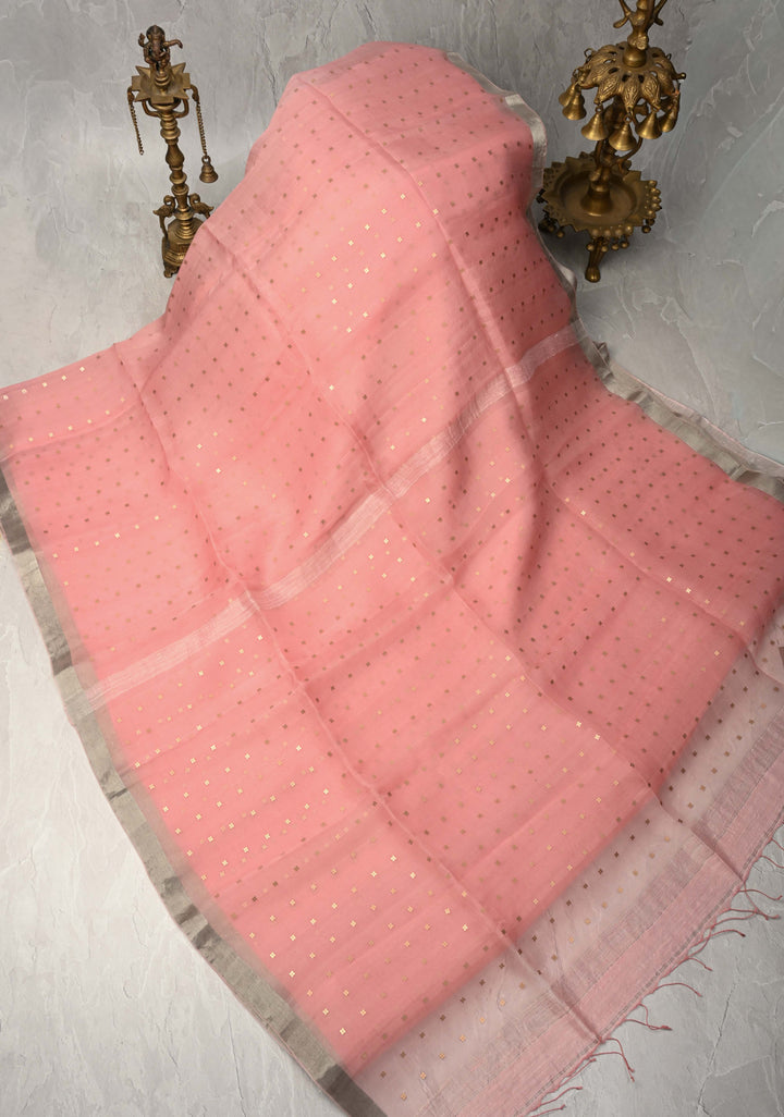 Coral Peach Silk Muslin Silk Saree with Pocket Sequins and Minimal Zari Border | SILK MARK CERTIFIED